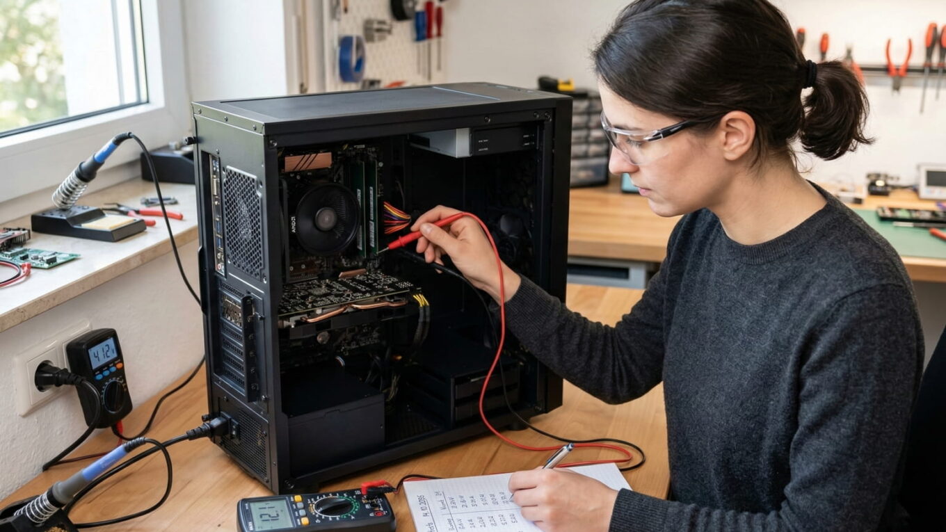 Person misst die Netzteil-Effizienz und den Stromverbrauch eines PCs mit einem Multimeter in einer Werkstatt.