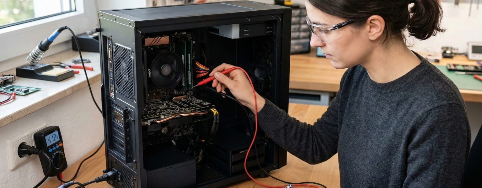Person misst die Netzteil-Effizienz und den Stromverbrauch eines PCs mit einem Multimeter in einer Werkstatt.