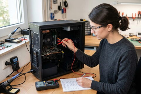 Person misst die Netzteil-Effizienz und den Stromverbrauch eines PCs mit einem Multimeter in einer Werkstatt.
