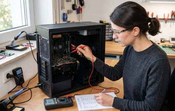Person misst die Netzteil-Effizienz und den Stromverbrauch eines PCs mit einem Multimeter in einer Werkstatt.