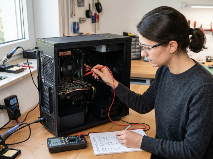 Person misst die Netzteil-Effizienz und den Stromverbrauch eines PCs mit einem Multimeter in einer Werkstatt.