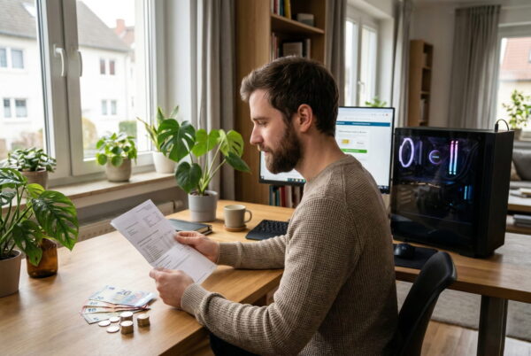Ein Mann am Schreibtisch vergleicht seine Stromrechnung mit dem Sparpotenzial eines effizienten PC-Netzteils.