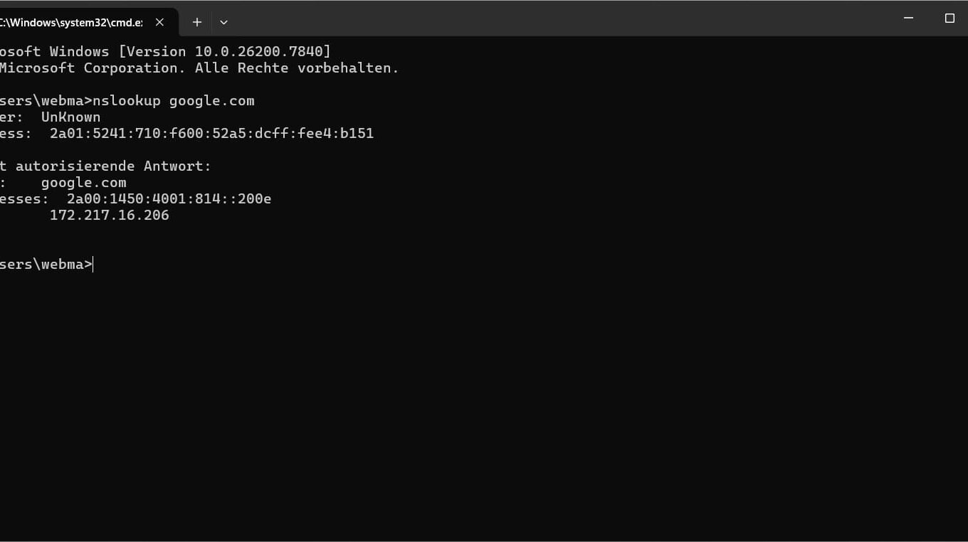 DNS Lookup mit nslookup in der Windows CMD Eingabeaufforderung