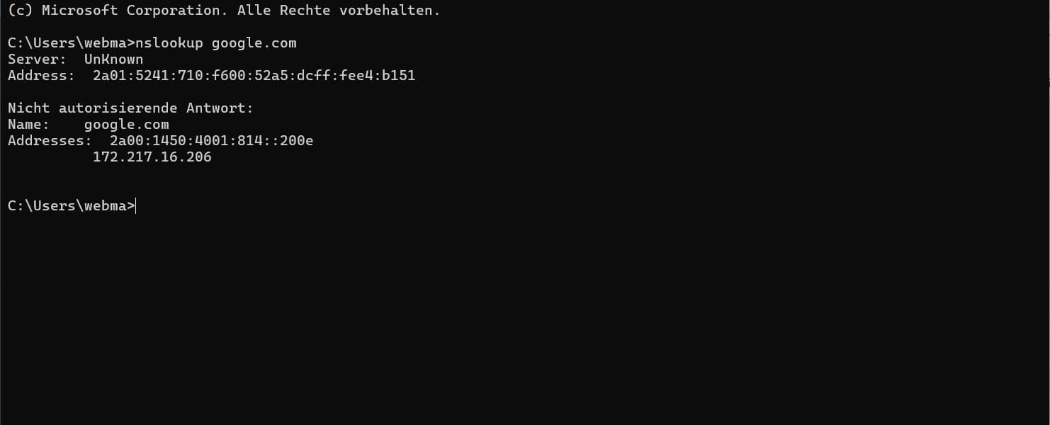 DNS Lookup mit nslookup in der Windows CMD Eingabeaufforderung