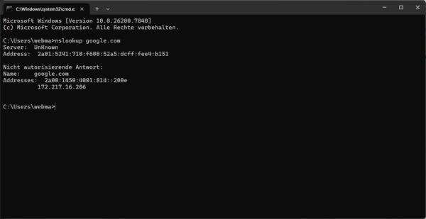 DNS Lookup mit nslookup in der Windows CMD Eingabeaufforderung