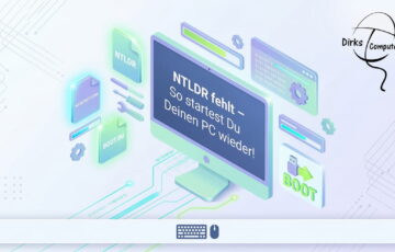 Moderne 3D-Illustration eines Computers mit der Fehlermeldung NTLDR fehlt und schwebenden System-Icons für Dirks-Computerecke.de