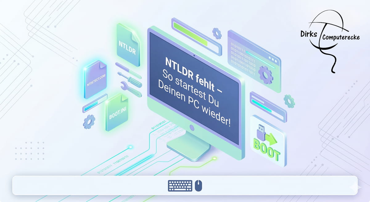 Moderne 3D-Illustration eines Computers mit der Fehlermeldung NTLDR fehlt und schwebenden System-Icons für Dirks-Computerecke.de