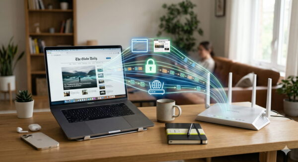 Laptop und WLAN-Router im Alltag mit visualisiertem Datenfluss als Beispiel für das OSI-Schichtenmodell