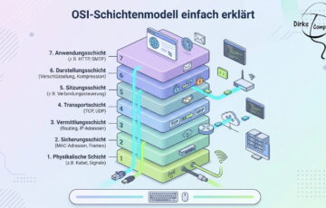 Grafik des OSI-Schichtenmodells mit allen 7 Schichten von der Bitübertragungsschicht bis zur Anwendungsschicht verständlich dargestellt