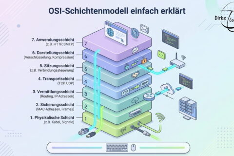 Grafik des OSI-Schichtenmodells mit allen 7 Schichten von der Bitübertragungsschicht bis zur Anwendungsschicht verständlich dargestellt