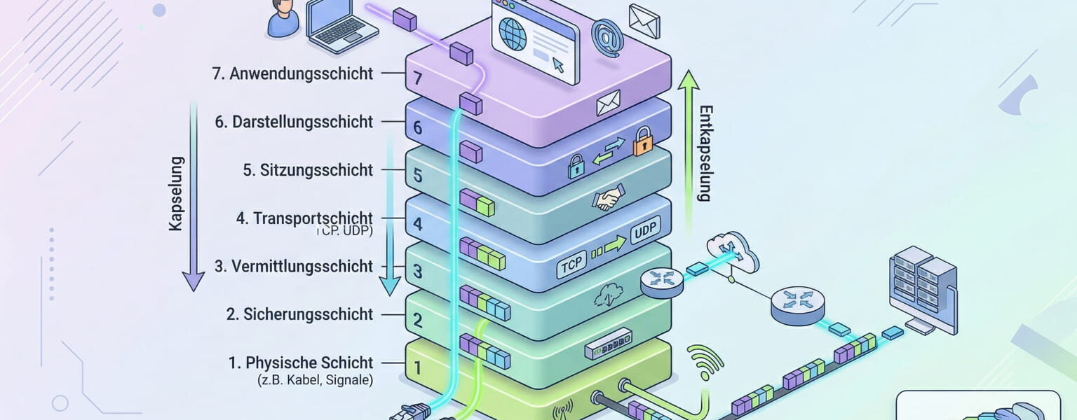 Übersicht des OSI-Schichtenmodells mit allen 7 Layern und Darstellung von Datenfluss sowie Kapselung im Netzwerk