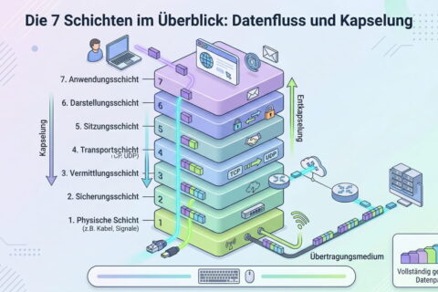 Übersicht des OSI-Schichtenmodells mit allen 7 Layern und Darstellung von Datenfluss sowie Kapselung im Netzwerk