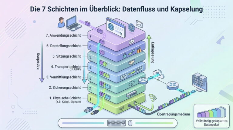 Übersicht des OSI-Schichtenmodells mit allen 7 Layern und Darstellung von Datenfluss sowie Kapselung im Netzwerk