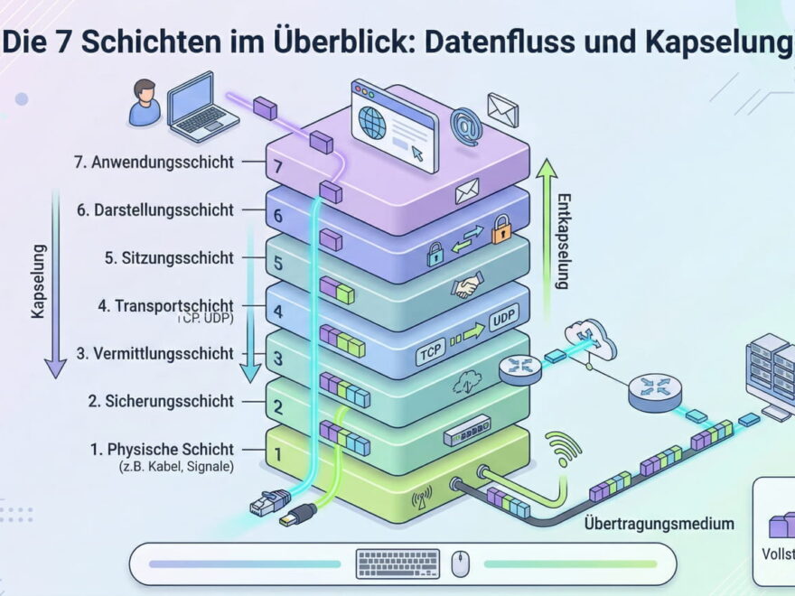 Übersicht des OSI-Schichtenmodells mit allen 7 Layern und Darstellung von Datenfluss sowie Kapselung im Netzwerk