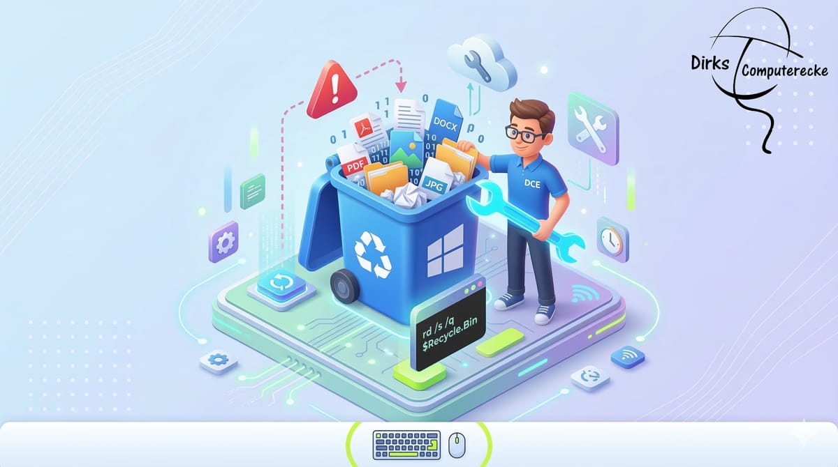 3D-Illustration: Windows Papierkorb lässt sich nicht leeren – Problemlösung und Hilfe für PC-Einsteiger.