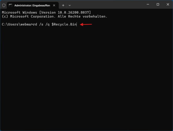 Screenshot der Windows Eingabeaufforderung: Eingabe des Befehls rd /s /q $Recycle.Bin zum Reparieren eines defekten Papierkorbs.