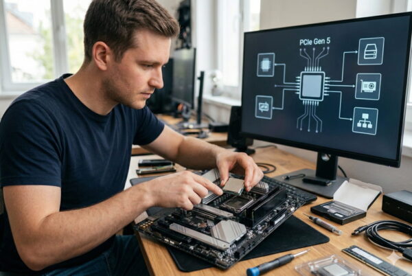 Installation einer CPU auf einem modernen Mainboard zur Nutzung von PCIe 5.0 Lanes.