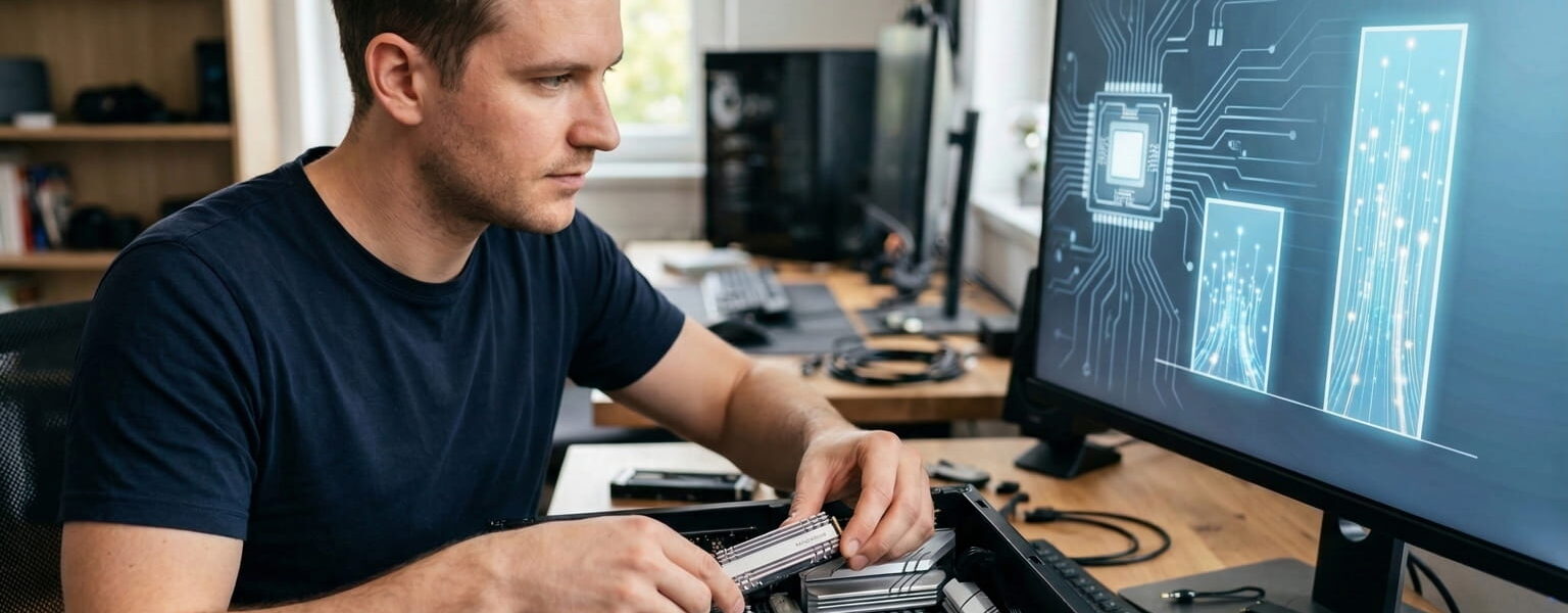 Einbau einer NVMe SSD in einen PC zur Veranschaulichung der PCIe 5.0 und 4.0 Geschwindigkeitsunterschiede.
