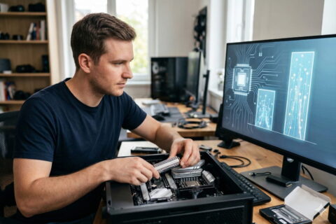 pcie 5 vs 4 vergleich Einbau einer NVMe SSD in einen PC zur Veranschaulichung der PCIe 5.0 und 4.0 Geschwindigkeitsunterschiede.