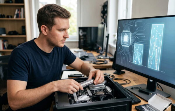 Einbau einer NVMe SSD in einen PC zur Veranschaulichung der PCIe 5.0 und 4.0 Geschwindigkeitsunterschiede.