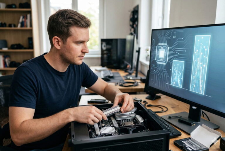 Einbau einer NVMe SSD in einen PC zur Veranschaulichung der PCIe 5.0 und 4.0 Geschwindigkeitsunterschiede.