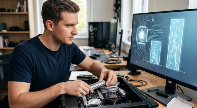 pcie 5 vs 4 vergleich Einbau einer NVMe SSD in einen PC zur Veranschaulichung der PCIe 5.0 und 4.0 Geschwindigkeitsunterschiede.