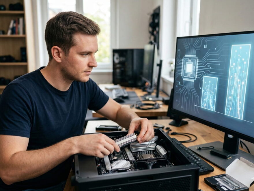 Einbau einer NVMe SSD in einen PC zur Veranschaulichung der PCIe 5.0 und 4.0 Geschwindigkeitsunterschiede.