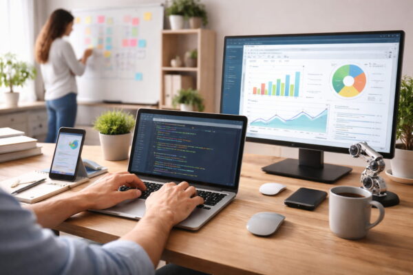 Arbeitsplatz mit Laptop, Monitor und Code zur Darstellung typischer Einsatzgebiete beim Programmieren