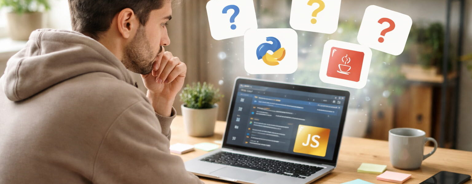 Einsteiger überlegt am Laptop welche Programmiersprache er lernen soll