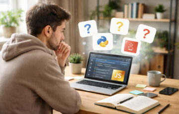 Einsteiger überlegt am Laptop welche Programmiersprache er lernen soll