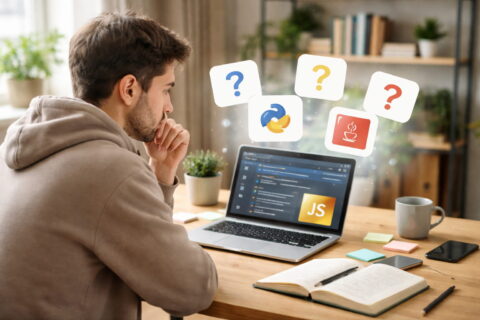 Einsteiger überlegt am Laptop welche Programmiersprache er lernen soll
