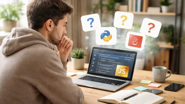 Einsteiger überlegt am Laptop welche Programmiersprache er lernen soll