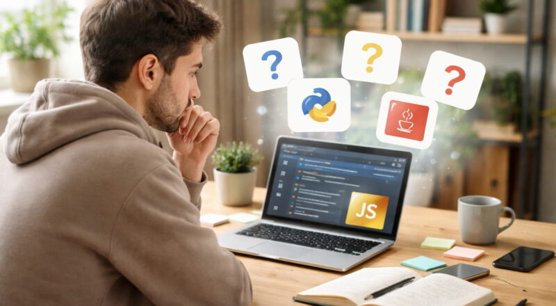 Einsteiger überlegt am Laptop welche Programmiersprache er lernen soll