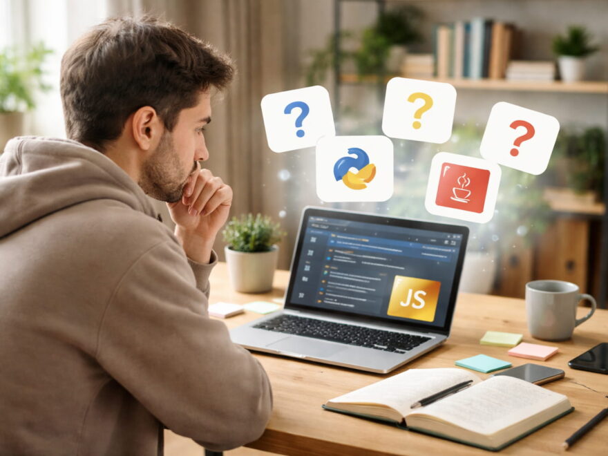 Einsteiger überlegt am Laptop welche Programmiersprache er lernen soll