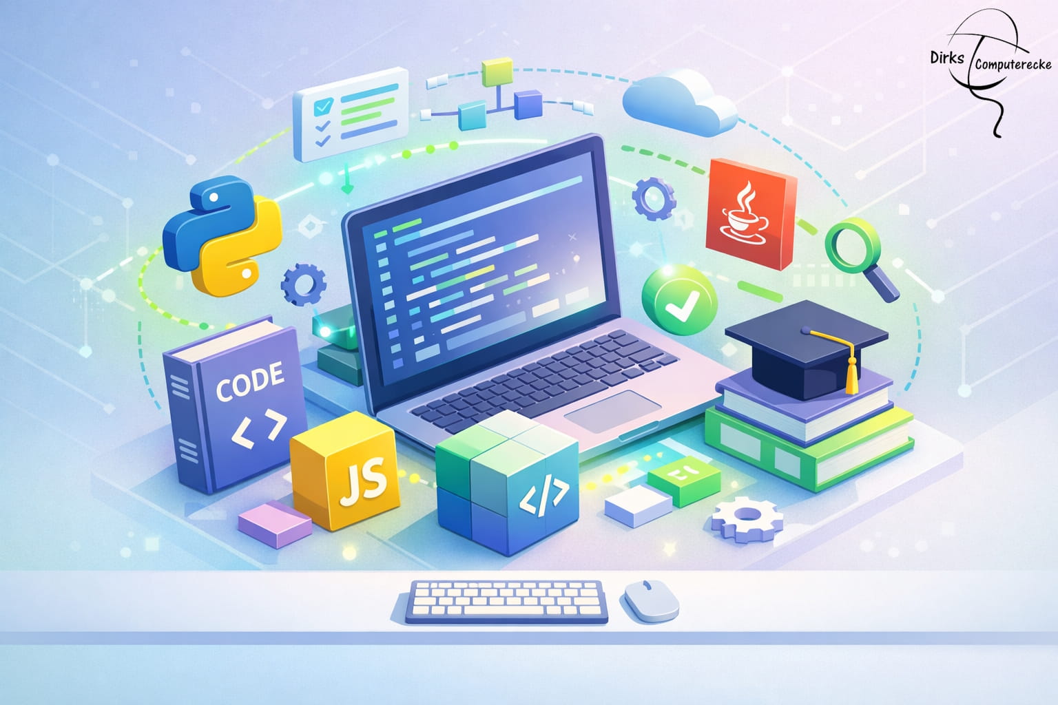 Illustration zu den besten Programmiersprachen für Anfänger mit Laptop und Code-Symbolen