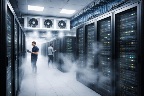 Server-Racks in einem Rechenzentrum mit laufender Kühlung und sichtbarer Kaltluft zur Temperaturkontrolle der IT-Infrastruktur