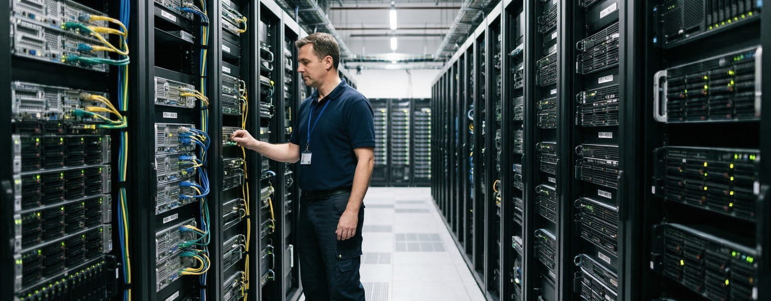 Ein Techniker prüft die Verkabelung in einem modernen Rechenzentrum mit langen Reihen von Server-Racks.