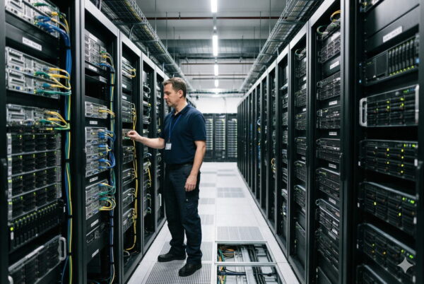Ein Techniker prüft die Verkabelung in einem modernen Rechenzentrum mit langen Reihen von Server-Racks.