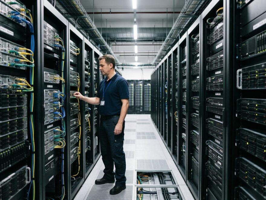 Ein Techniker prüft die Verkabelung in einem modernen Rechenzentrum mit langen Reihen von Server-Racks.