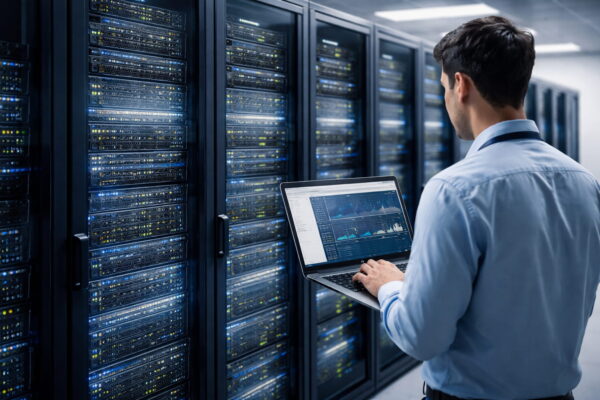 IT-Techniker arbeitet mit Laptop in einem Rechenzentrum zwischen Server-Racks, auf denen Websites und Daten im Internet gespeichert werden