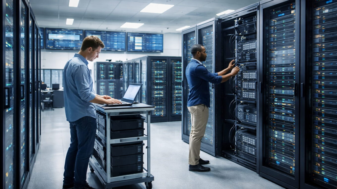 Techniker arbeiten in einem modernen Rechenzentrum zwischen Server-Racks zur Verwaltung und Wartung digitaler Infrastruktur