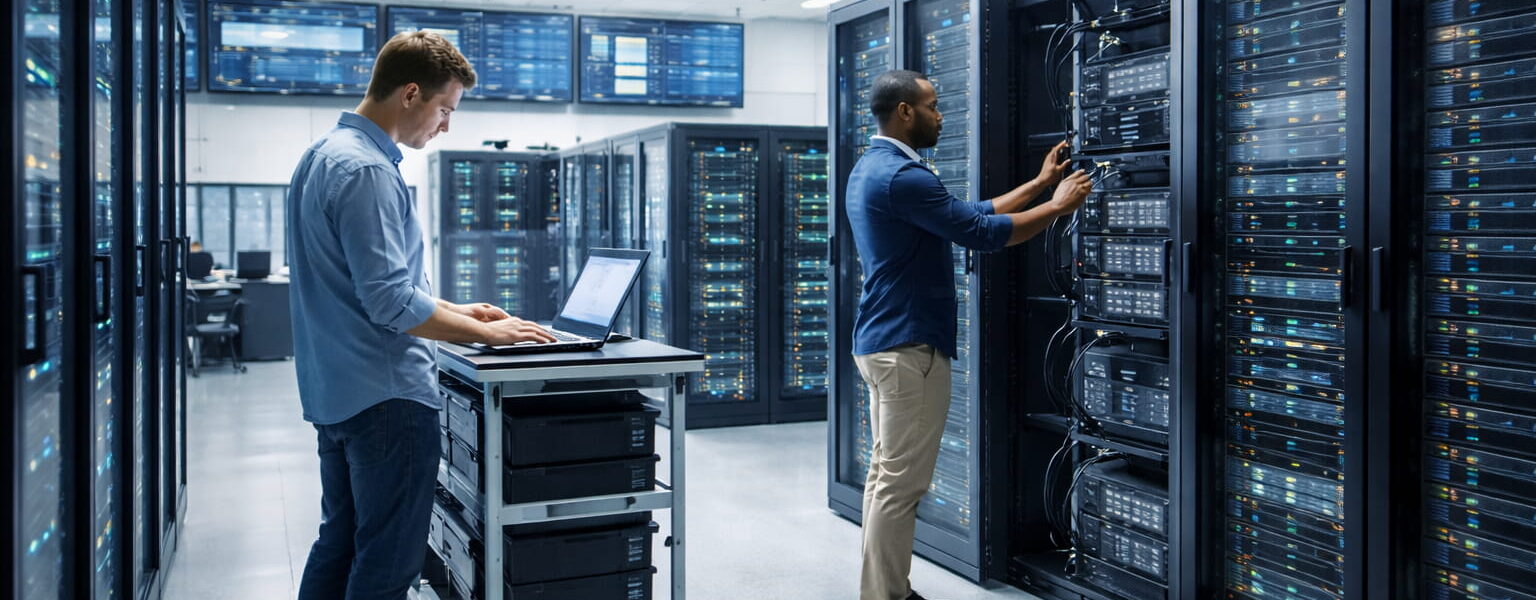 Techniker arbeiten in einem modernen Rechenzentrum zwischen Server-Racks zur Verwaltung und Wartung digitaler Infrastruktur