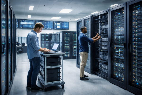 Techniker arbeiten in einem modernen Rechenzentrum zwischen Server-Racks zur Verwaltung und Wartung digitaler Infrastruktur