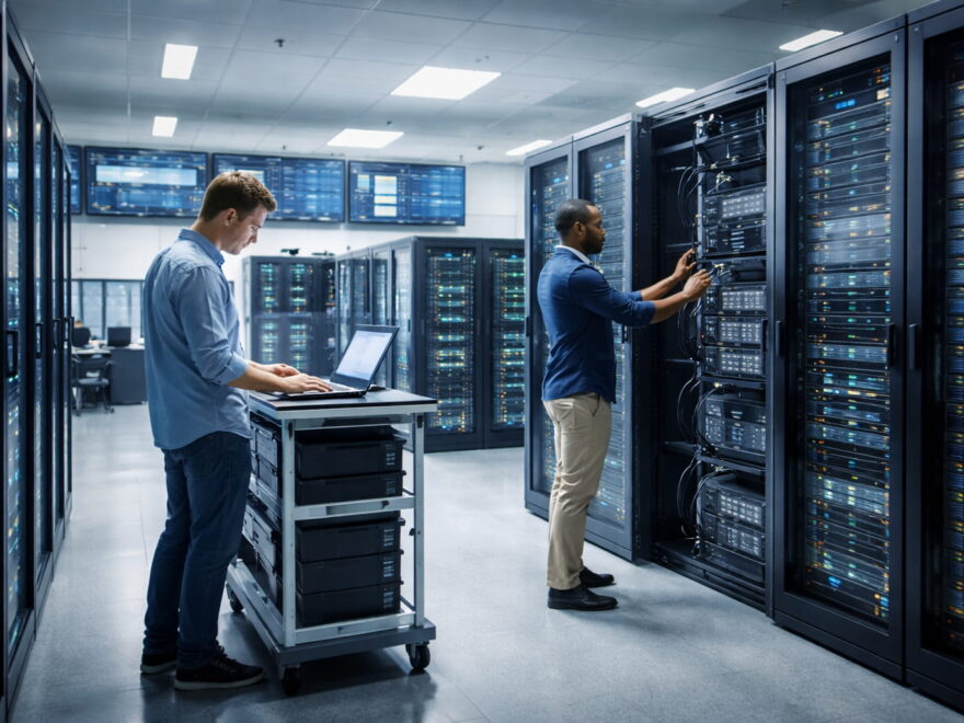 Techniker arbeiten in einem modernen Rechenzentrum zwischen Server-Racks zur Verwaltung und Wartung digitaler Infrastruktur