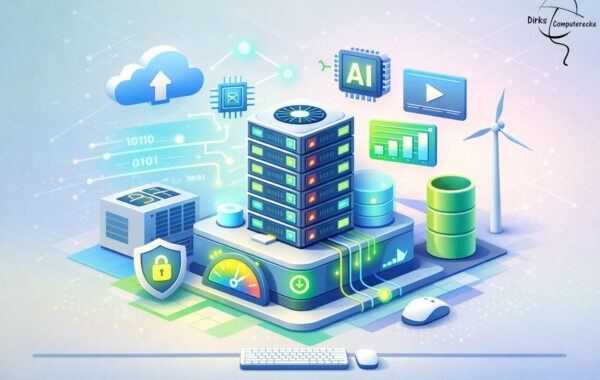 Isometrische Illustration eines Rechenzentrums mit Servern, Kühlung und Energieanzeige zum hohen Stromverbrauch moderner Rechenzentren