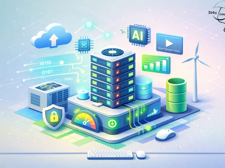 Isometrische Illustration eines Rechenzentrums mit Servern, Kühlung und Energieanzeige zum hohen Stromverbrauch moderner Rechenzentren