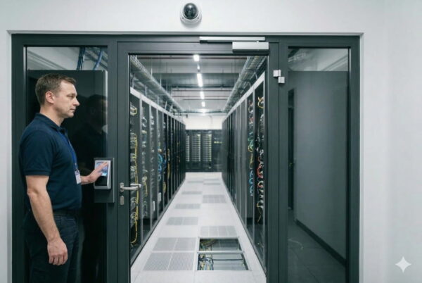 Ein Techniker nutzt einen biometrischen Fingerabdruck-Scanner an einer Sicherheitstür, um einen Serverraum zu betreten.