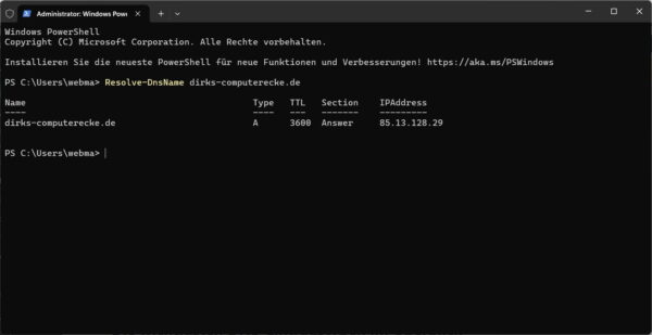 DNS-Abfrage in der Windows PowerShell mit dem Befehl Resolve-DnsName