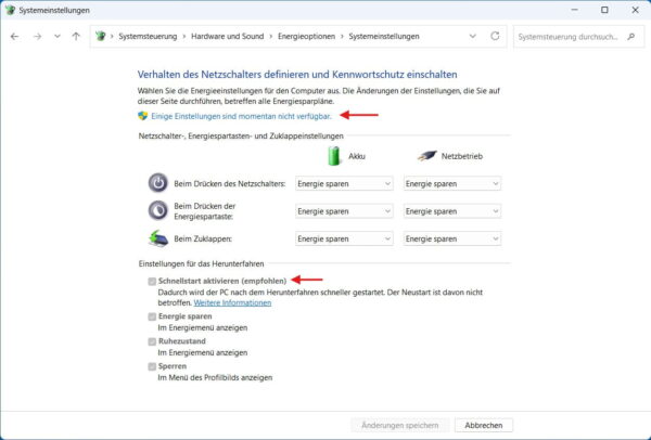 Anleitung zum Aktivieren des Schnellstarts in Windows Screenshot der Windows 11 Systemeinstellungen, der zeigt, wie man den Schnellstart aktiviert. Rote Pfeile markieren den Link für Admin-Rechte und die Checkbox zum Schnellstart aktivieren.
