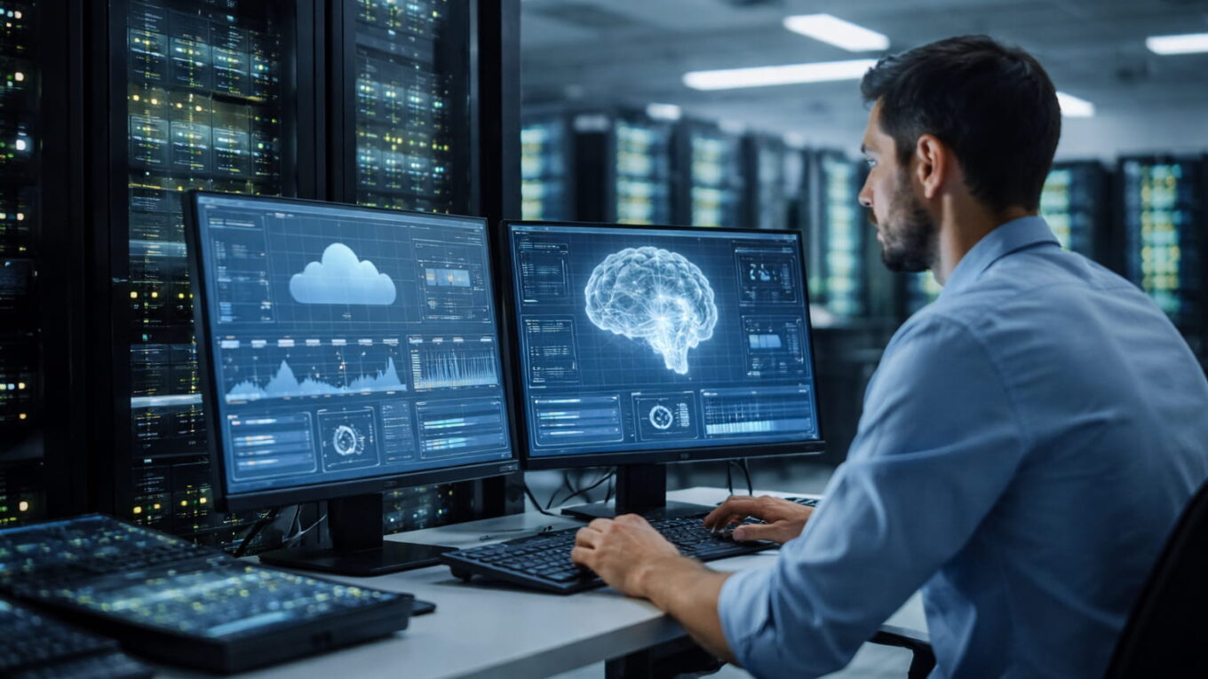Moderne Server in einem Rechenzentrum verarbeiten Cloud- und KI-Daten